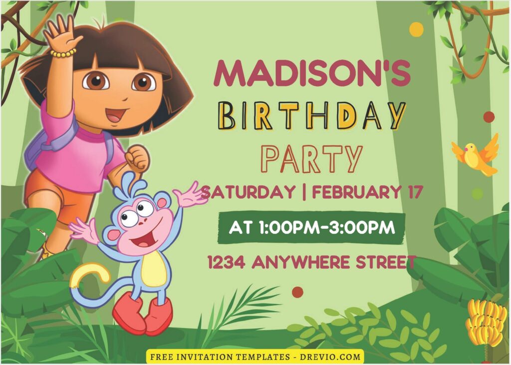 (Free Editable PDF) Dora Jungle Explorer Birthday Bash Invitation Templates A