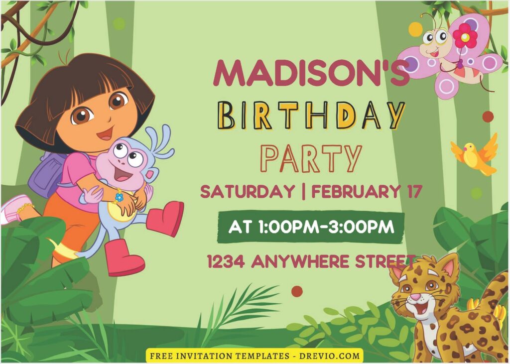 (Free Editable PDF) Dora Jungle Explorer Birthday Bash Invitation Templates B