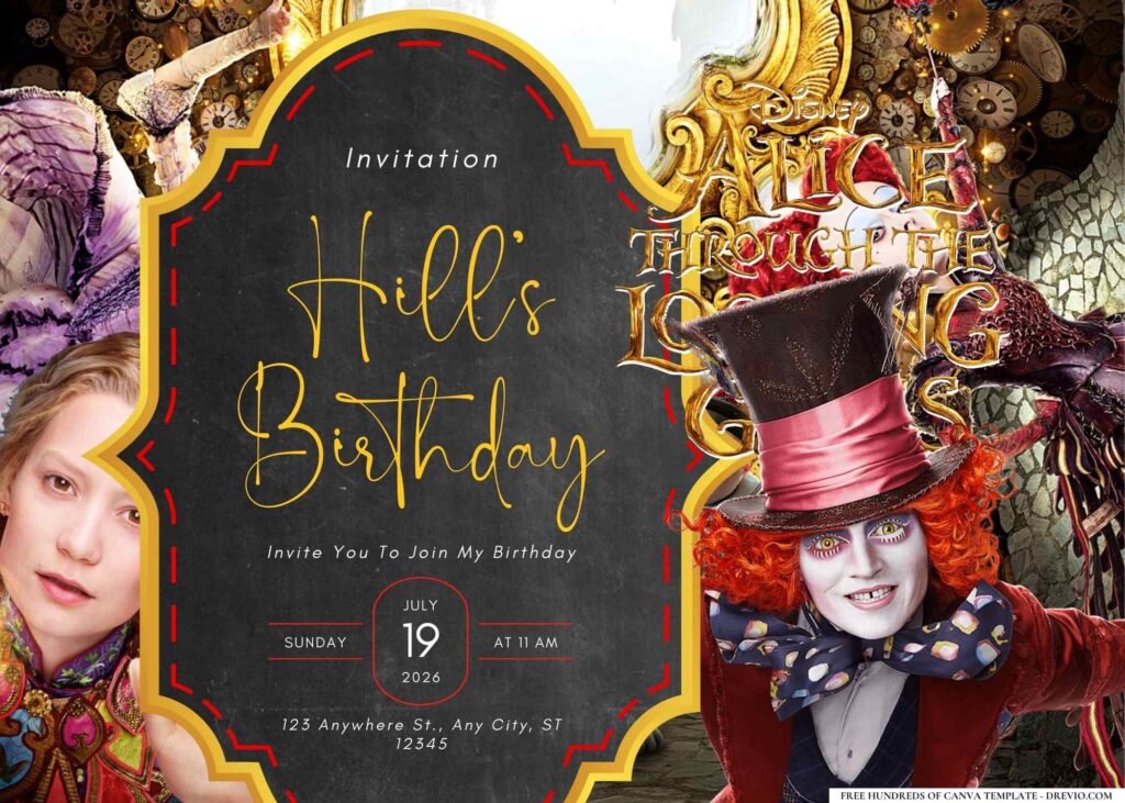 FREE Editable Alice Through the Looking Glass Birthday Invitation