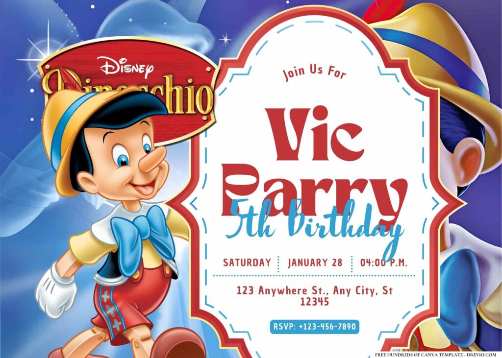 FREE Editable Pinocchio Birthday Invitation