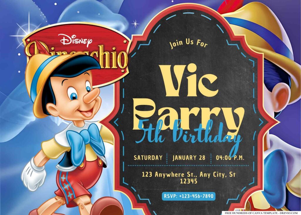 FREE Editable Pinocchio Birthday Invitation