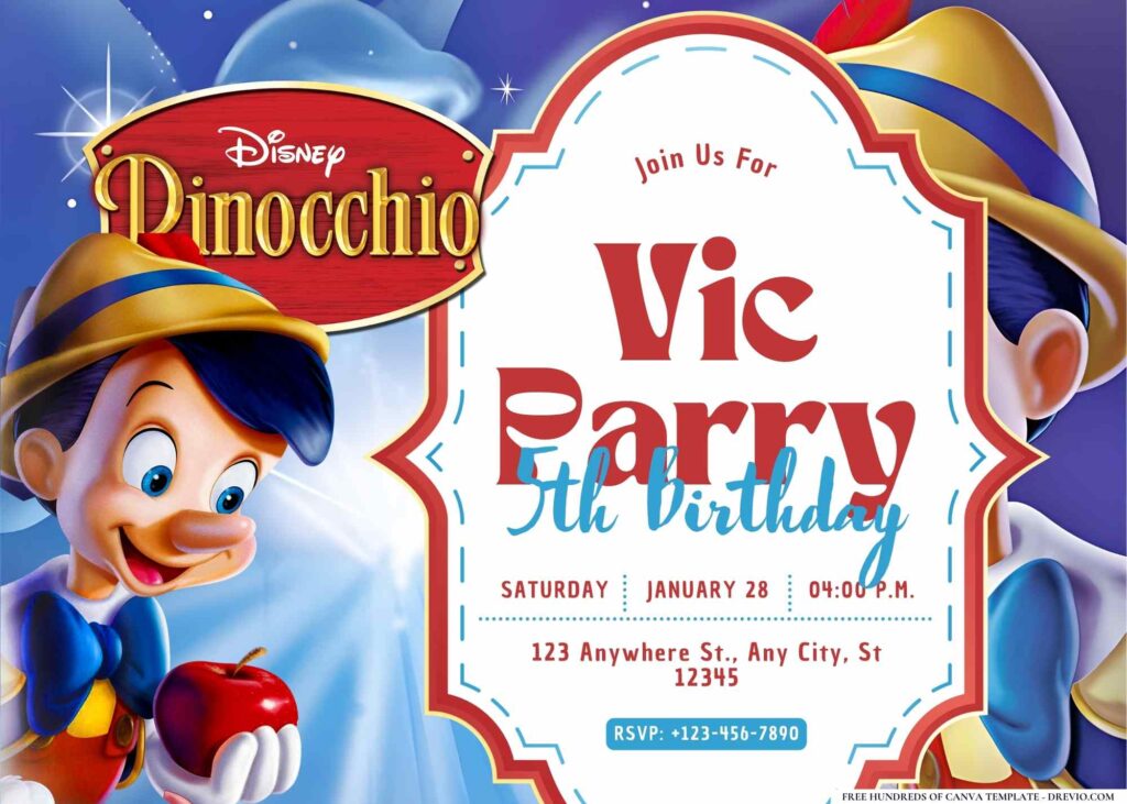 FREE Editable Pinocchio Birthday Invitation