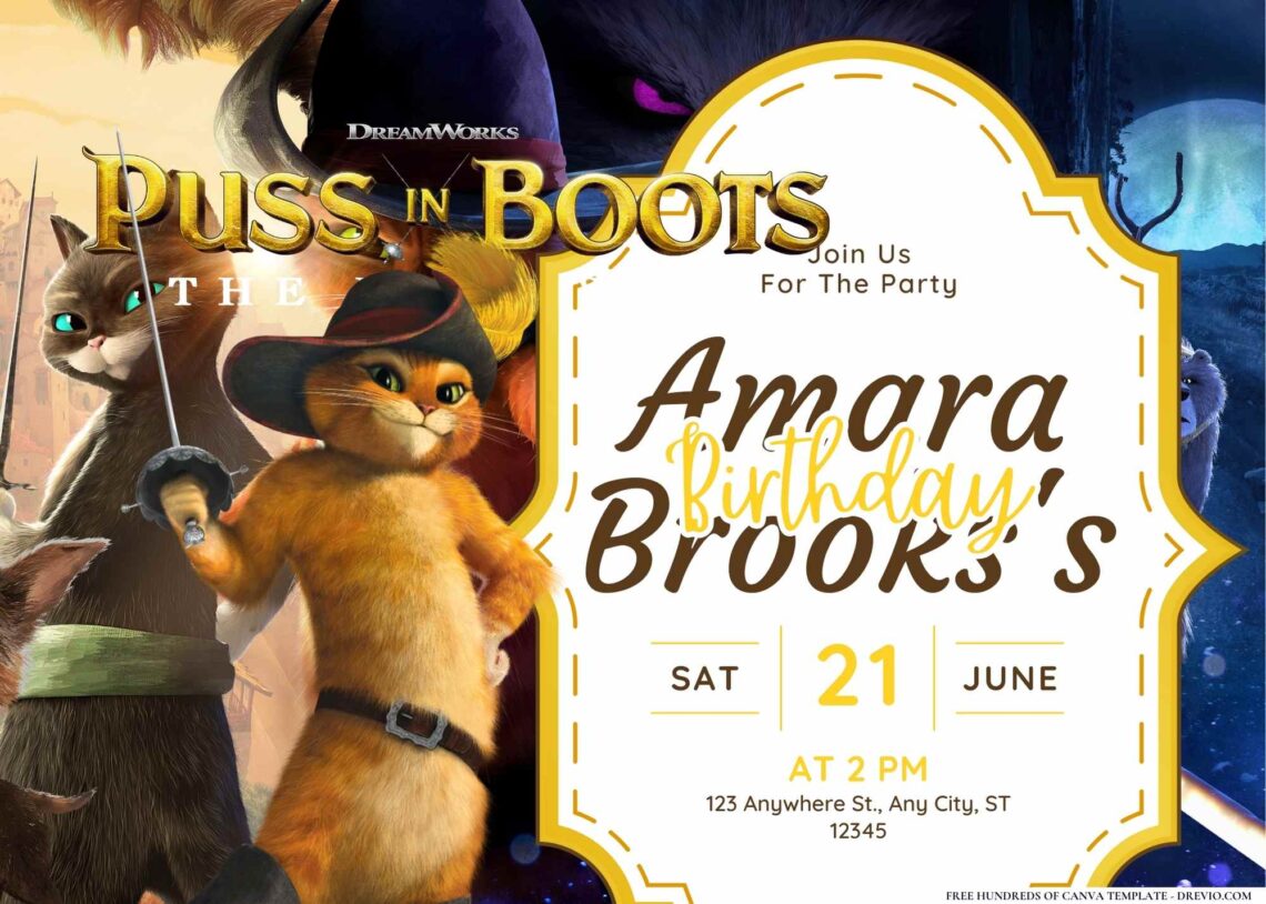 FREE Editable Puss In Boots Birthday Invitation