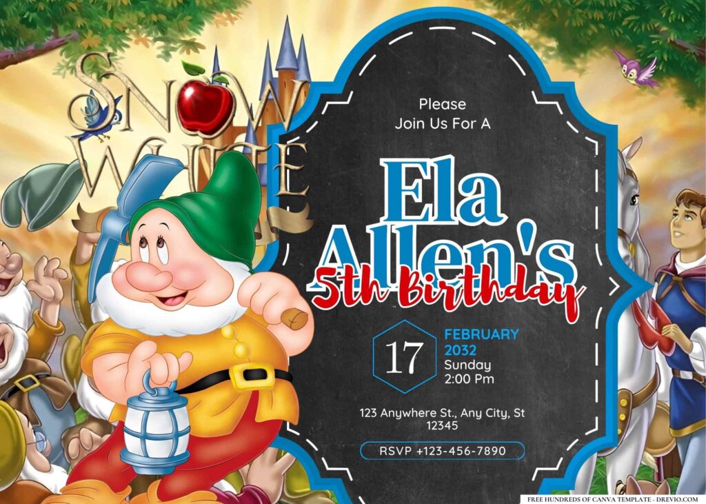 FREE Editable Snow White and the Seven Dwarfs Birthday Invitation