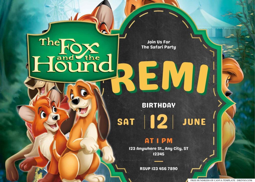 FREE Editable The Fox and the Hound Birthday Invitation 