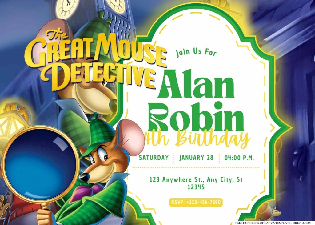 FREE Editable The Great Mouse Detective Birthday Invitation 