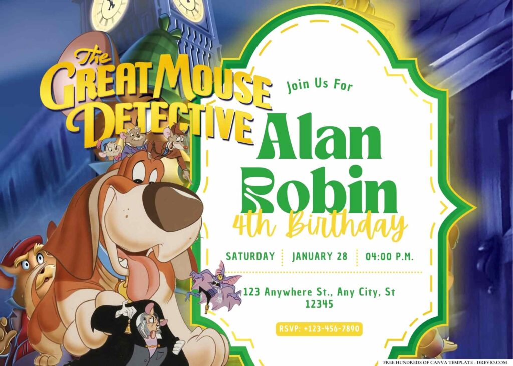 FREE Editable The Great Mouse Detective Birthday Invitation 