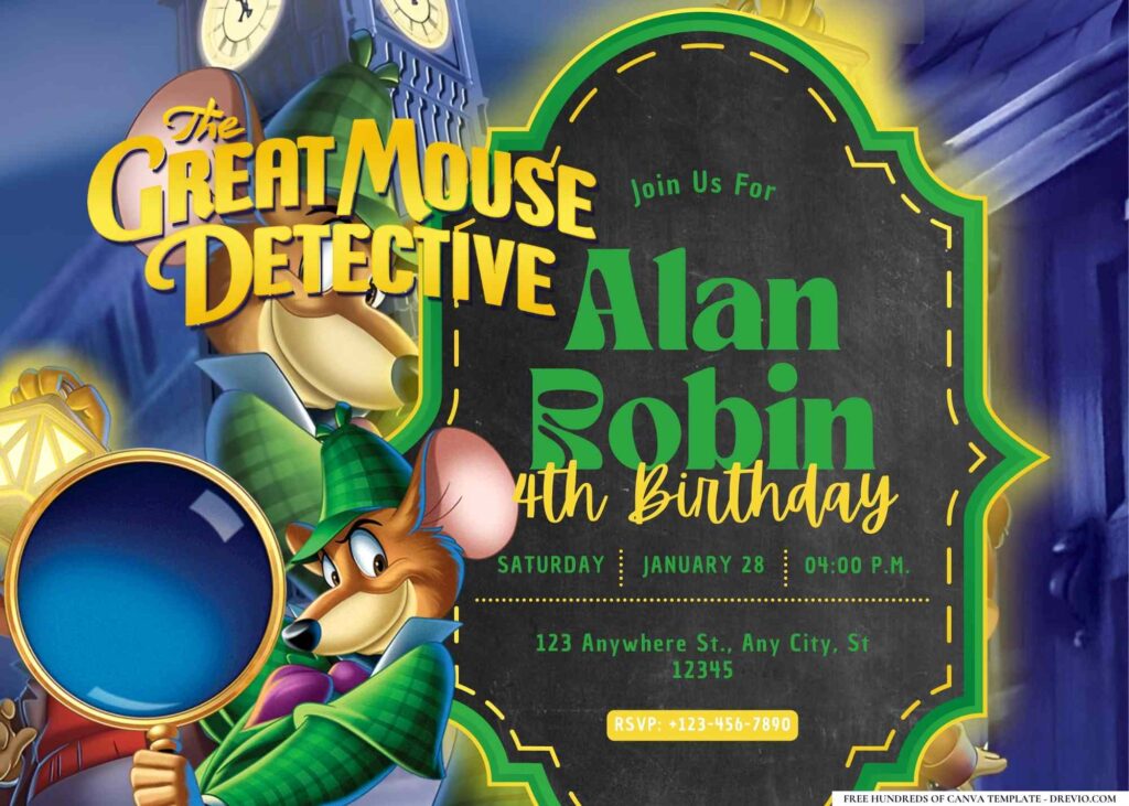 FREE Editable The Great Mouse Detective Birthday Invitation 