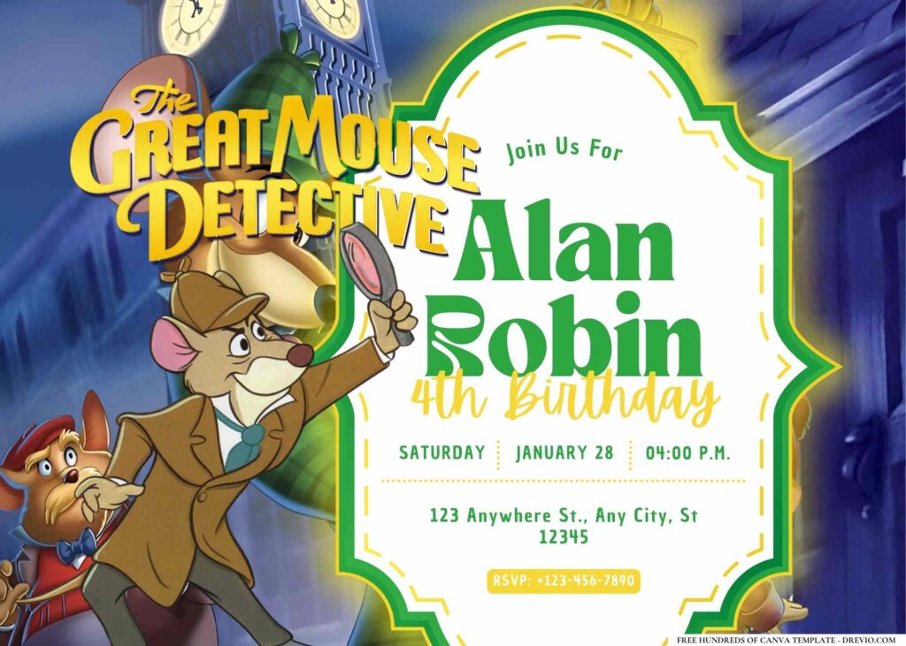 FREE Editable The Great Mouse Detective Birthday Invitation 