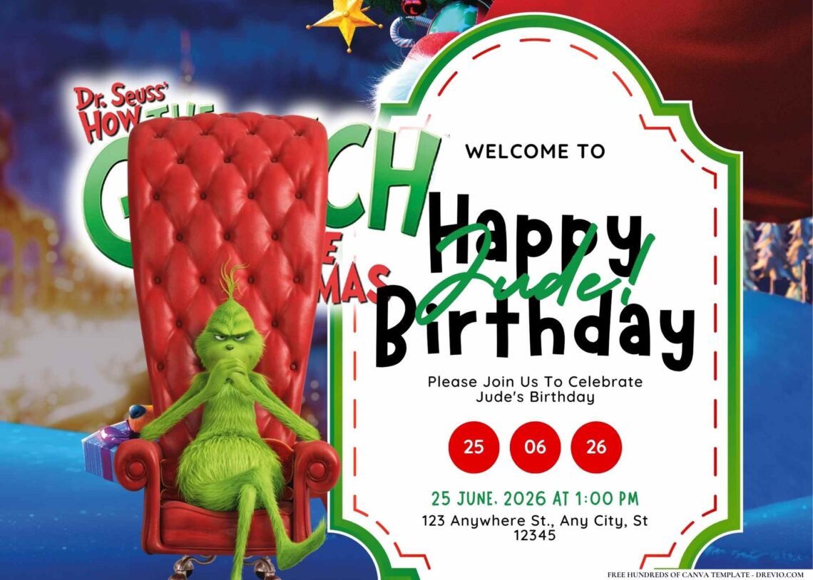 FREE Editable The Grinch Birthday Invitation