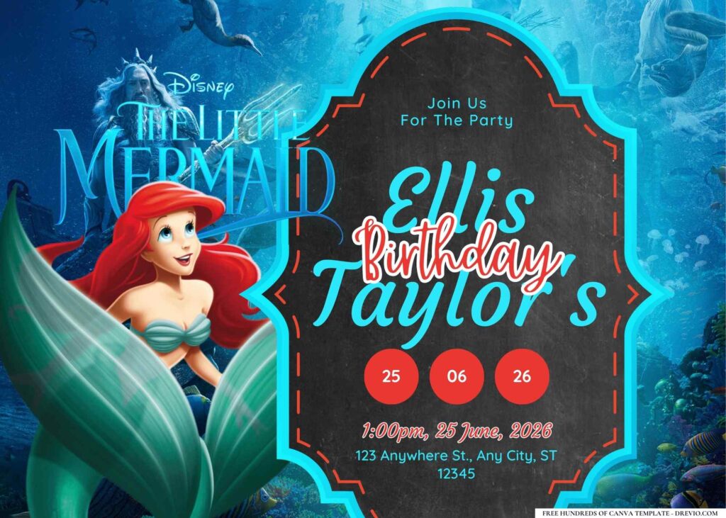 FREE Editable The Little Mermaid Birthday Invitation