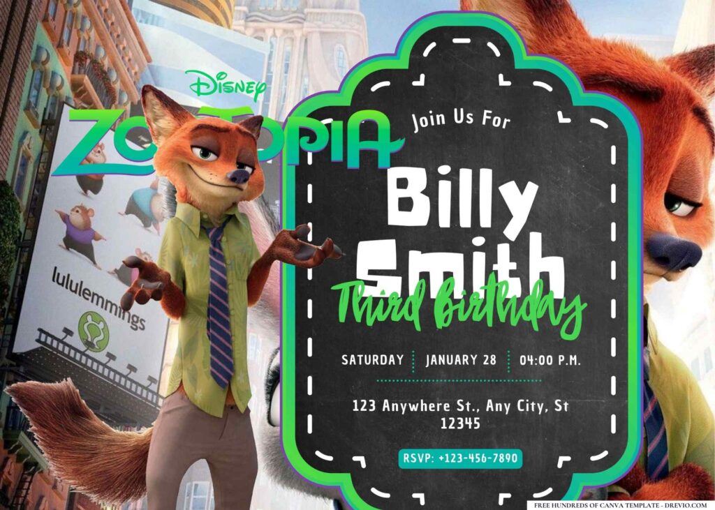 FREE Editable Zootopia Birthday Invitation