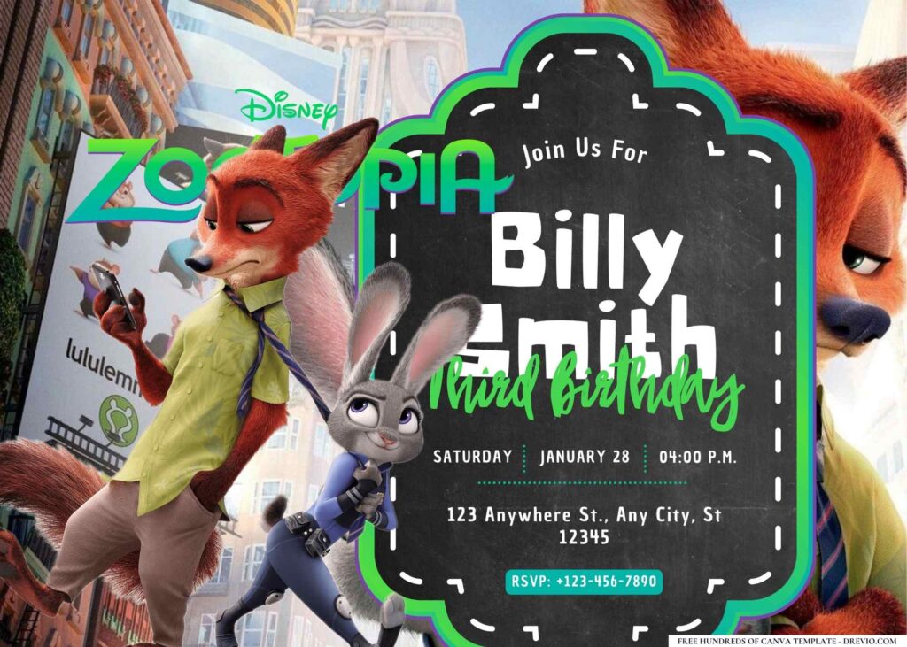 FREE Editable Zootopia Birthday Invitation