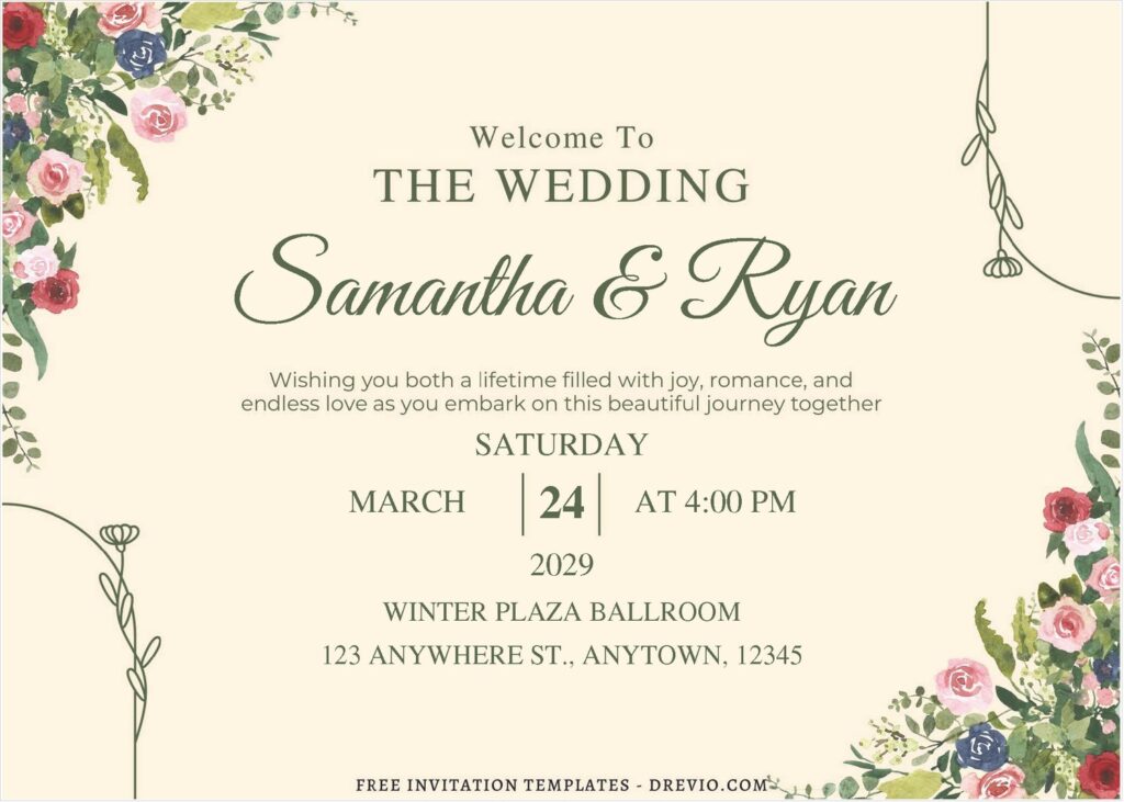 (Free Editable PDF) Floral Art Deco Wedding Invitation Templates E