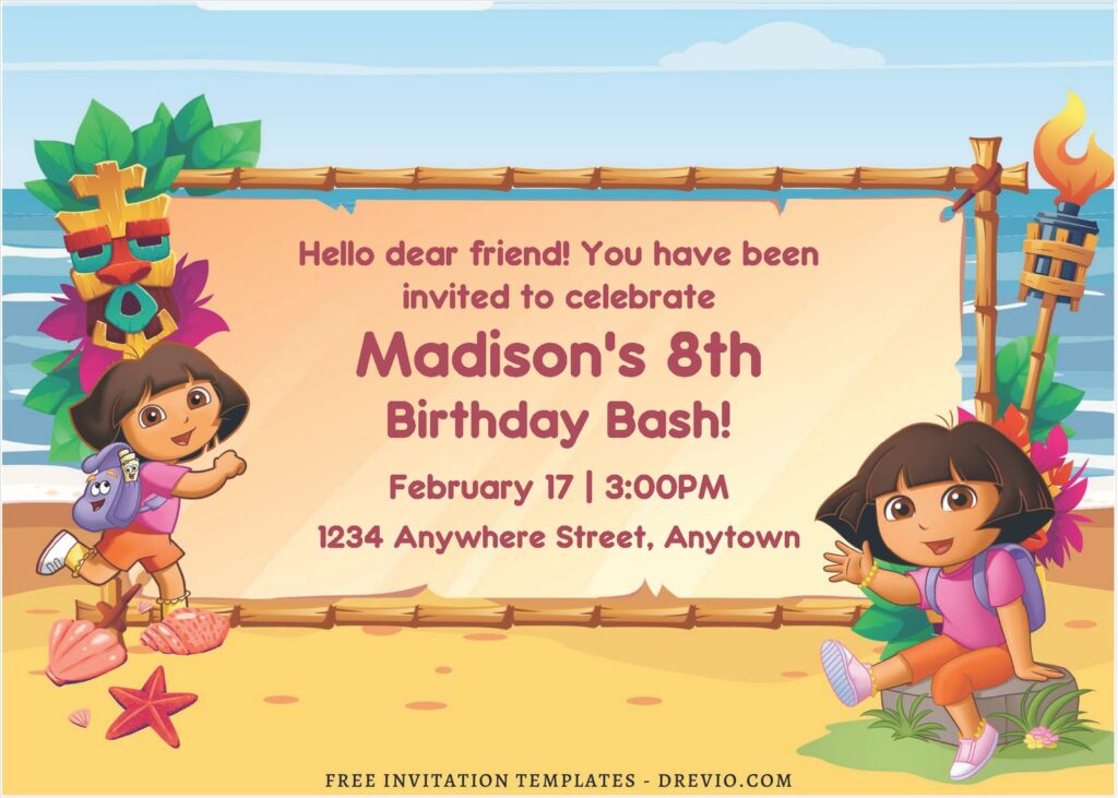 (Free Editable PDF) Dora The Explorer Summer Birthday Invitation Templates J