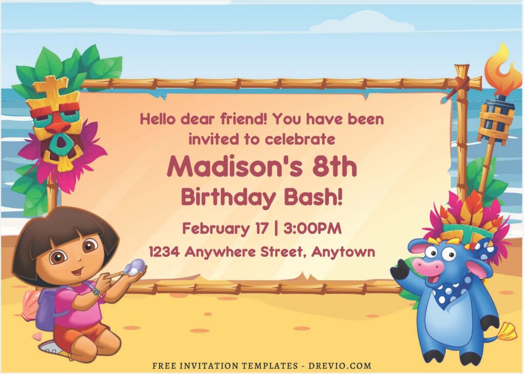 (Free Editable PDF) Dora The Explorer Summer Birthday Invitation Templates A