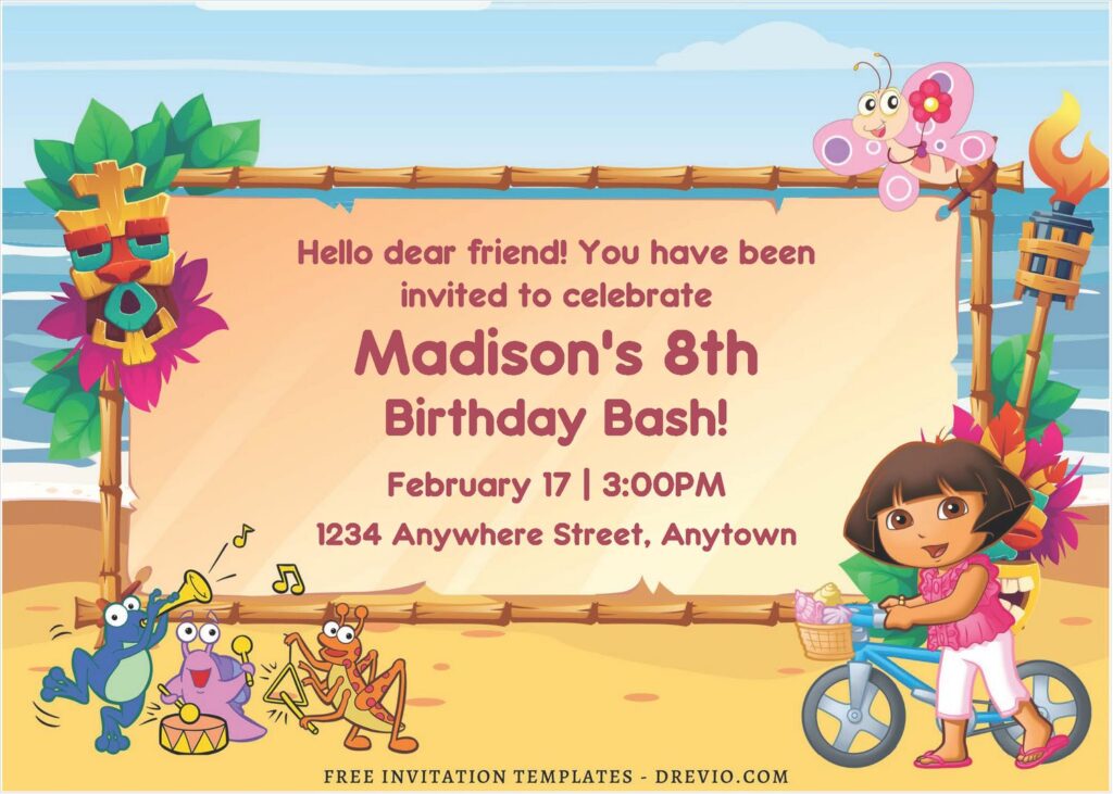 (Free Editable PDF) Dora The Explorer Summer Birthday Invitation Templates B