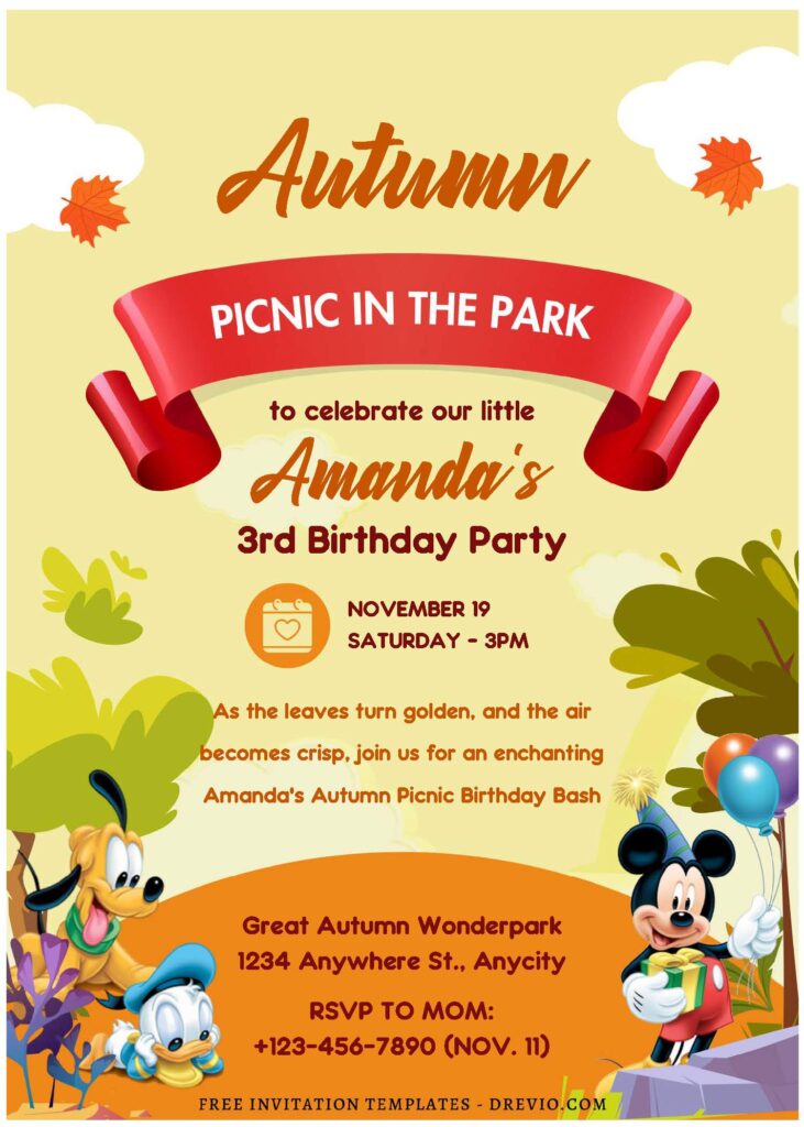 (Free Editable PDF) Mickey Mouse Autumn Wonderland Birthday Invitation Templates D