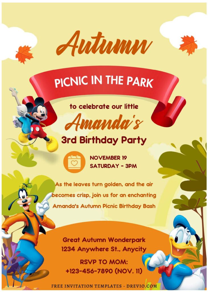 (Free Editable PDF) Mickey Mouse Autumn Wonderland Birthday Invitation Templates E