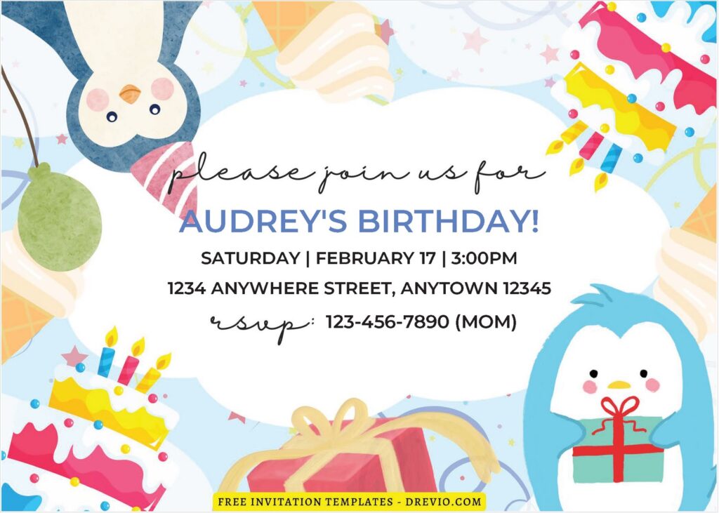 (Free Editable PDF) Colorful Penguin Birthday Invitation Templates A