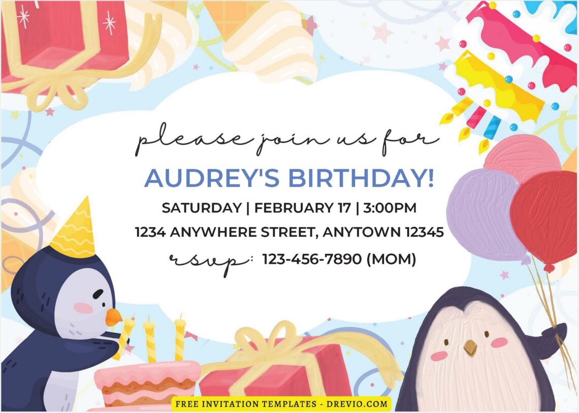 (Free Editable PDF) Colorful Penguin Birthday Invitation Templates B