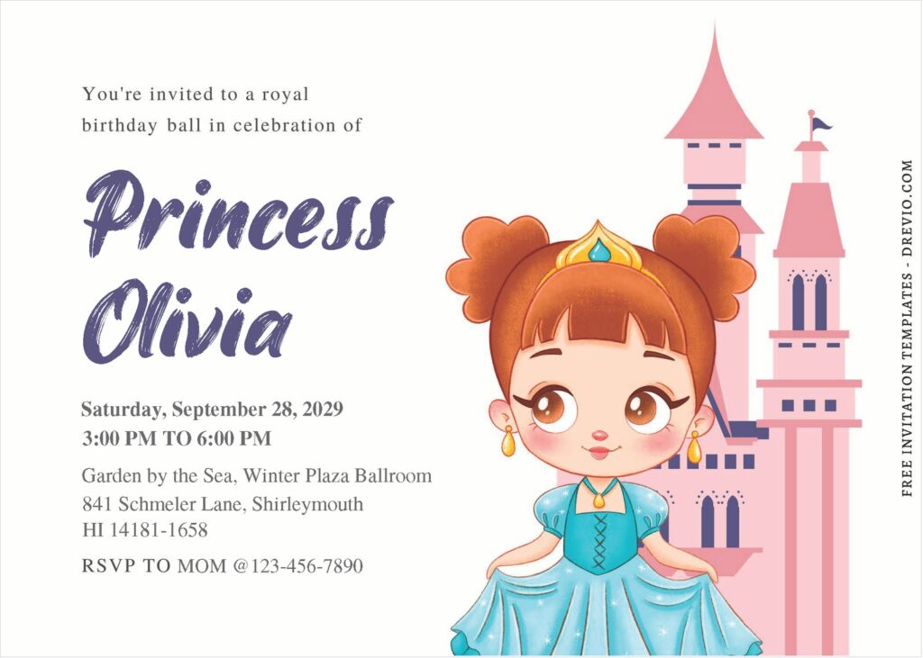 (Free Editable PDF) Simply Cute Princess Themed Birthday Invitation Templates D