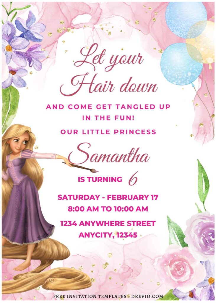 (Free Editable PDF) Dreamy Floral Rapunzel Birthday Invitation Templates E