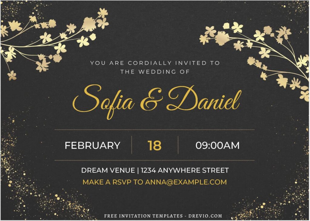 (Free Editable PDF) Golden Sparkle And Blooming Floral Wedding Invitation Templates B