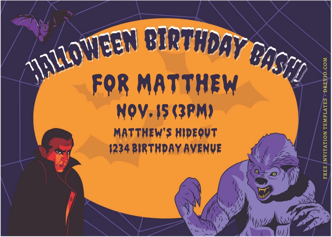 (Free Editable PDF) Werewolf Halloween Birthday Bash Invitation Templates J