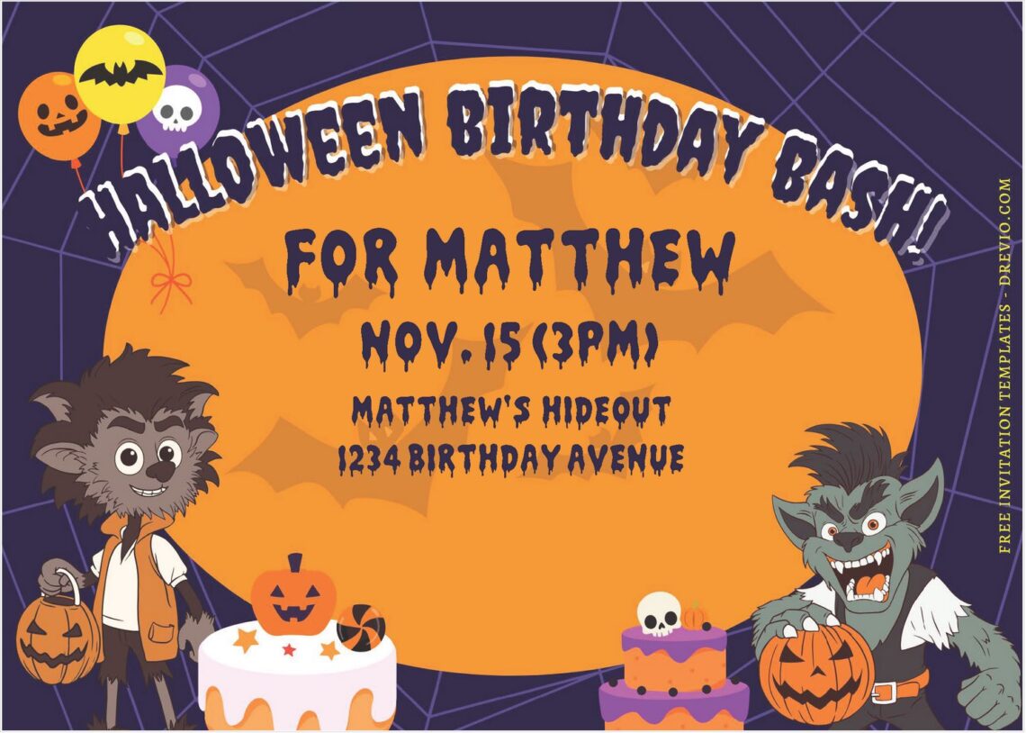 (Free Editable PDF) Werewolf Halloween Birthday Bash Invitation Templates A