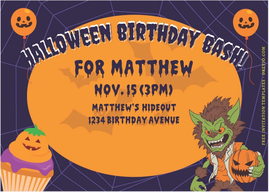 (Free Editable PDF) Werewolf Halloween Birthday Bash Invitation Templates B