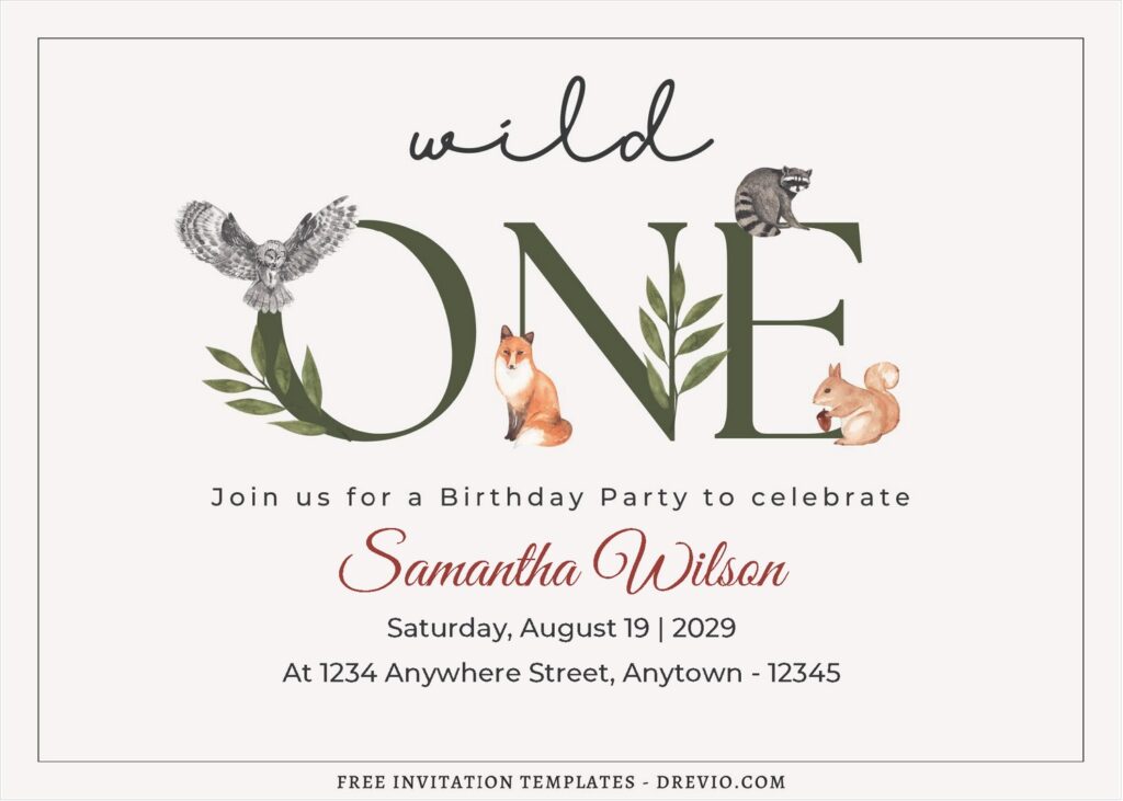 (Free Editable PDF) Wild One Woodland Animal Birthday Invitation Templates J