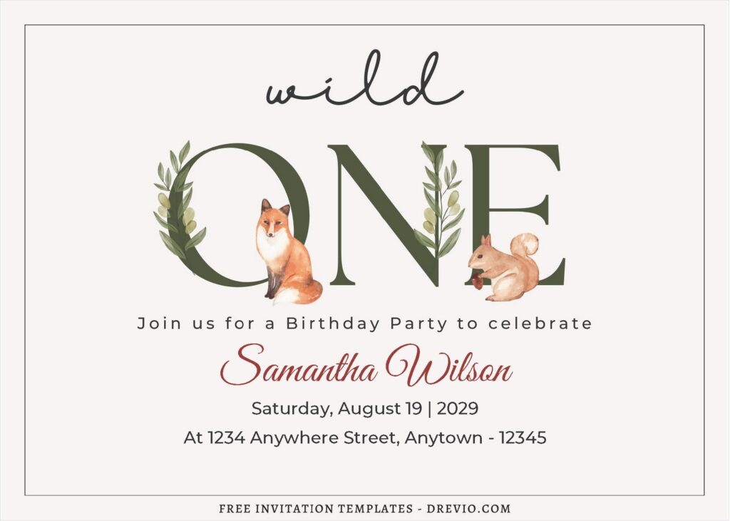 (Free Editable PDF) Wild One Woodland Animal Birthday Invitation Templates B