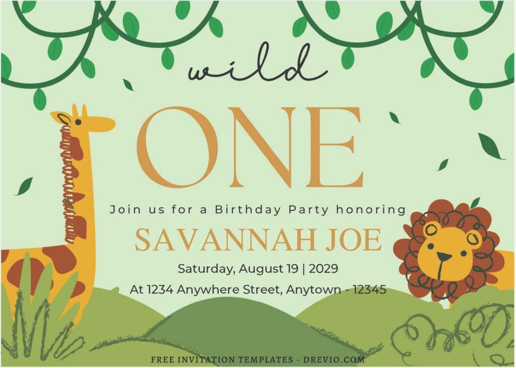 (Free Editable PDF) Wild One Safari Birthday Invitation Templates A