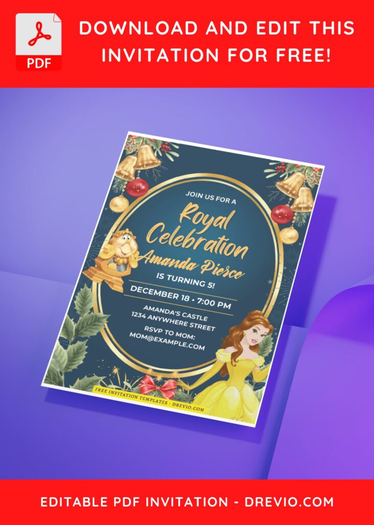 (Free Editable PDF) Shimmering Princess Belle Birthday Invitation Templates G