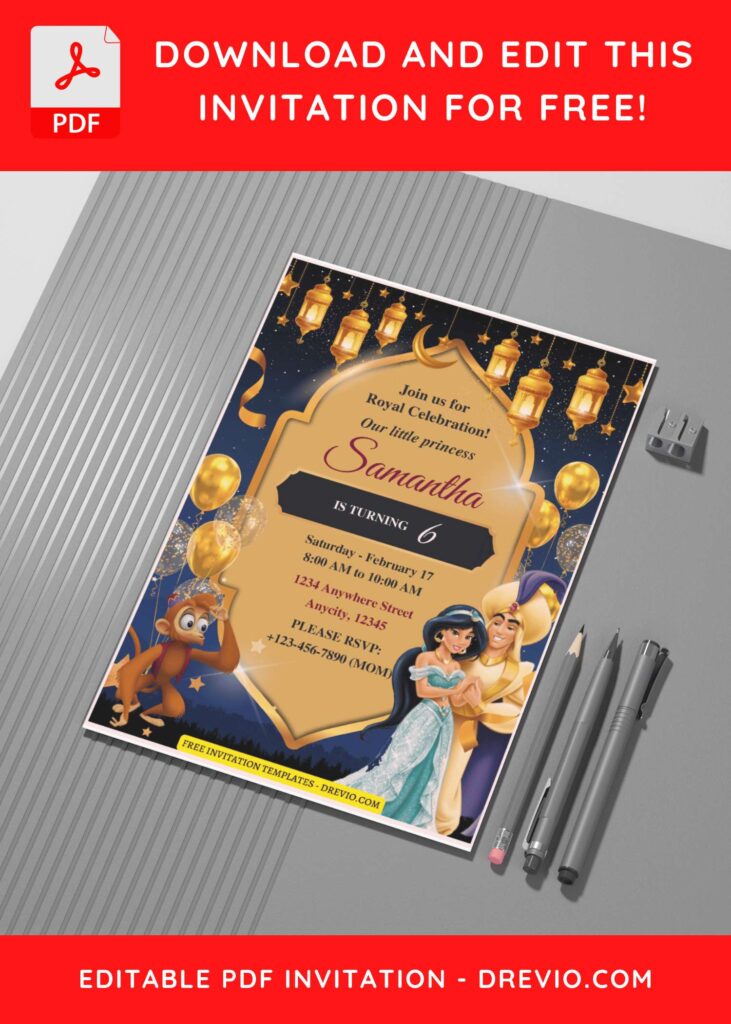 (Free Editable PDF) Majestic Aladdin Birthday Invitation Templates G