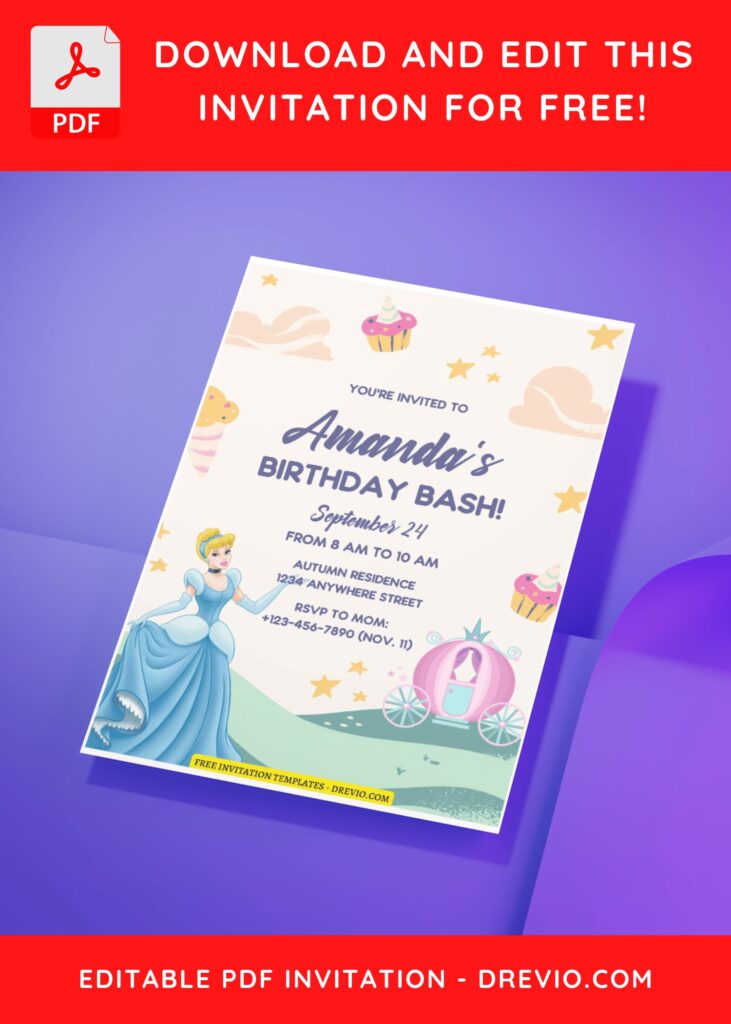 (Free Editable PDF) Royal Revelry Cinderella Birthday Invitation Templates C