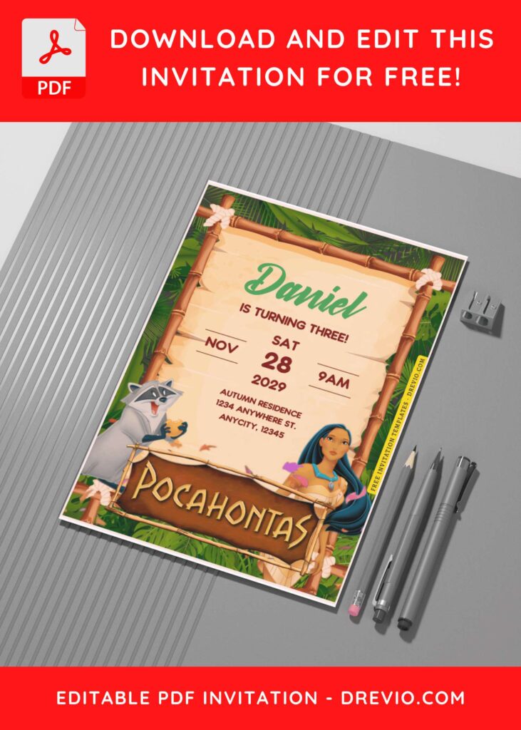 (Free Editable PDF) Disney Pocahontas Birthday Invitation Templates C