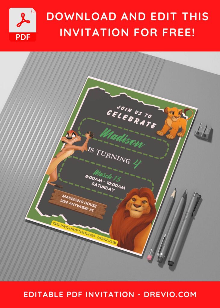 (Free Editable PDF) Cute Disney Lion King Birthday Invitation Templates G