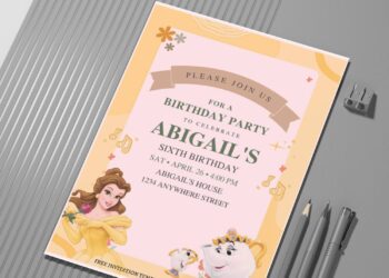 (Free Editable PDF) Simply Cute Belle Disney Birthday Invitation Templates C