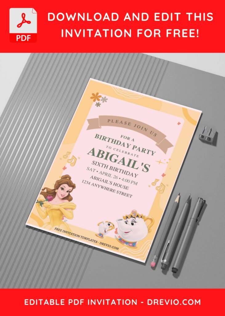 (Free Editable PDF) Simply Cute Belle Disney Birthday Invitation Templates C