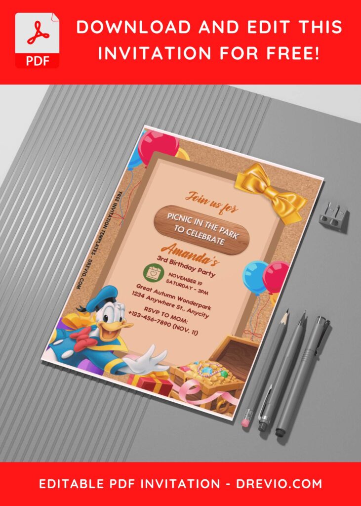 (Free Editable PDF) Donald Duck Picnic Party Birthday Invitation Templates C