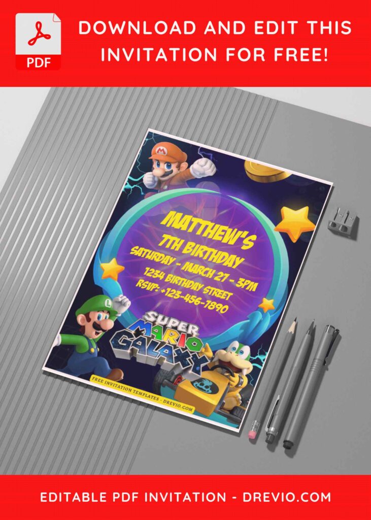 (Free Editable PDF) Iconic Super Mario Bros World Birthday Invitation Templates G