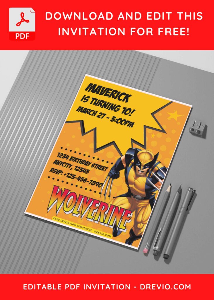 (Free Editable PDF) Awesome Wolverine Birthday Invitation Templates G