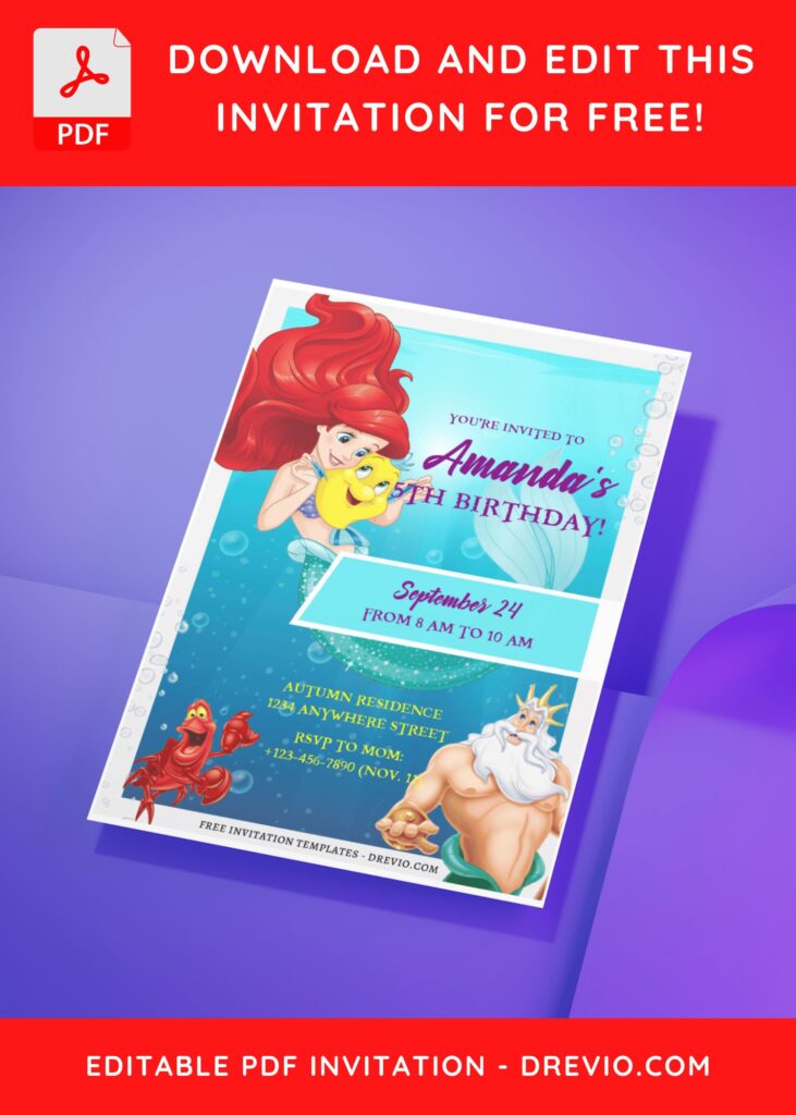(Free Editable PDF) Cute The Little Mermaid Birthday Invitation Templates G
