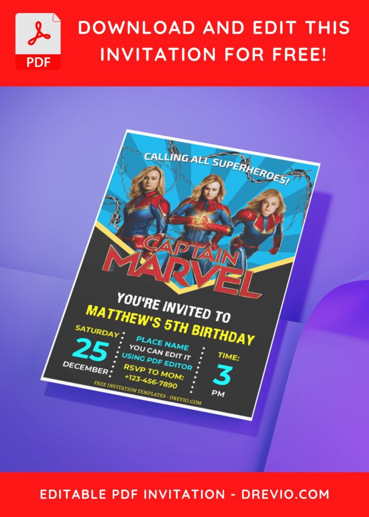 (Free Editable PDF) Captain Marvel Comic Birthday Invitation Templates C