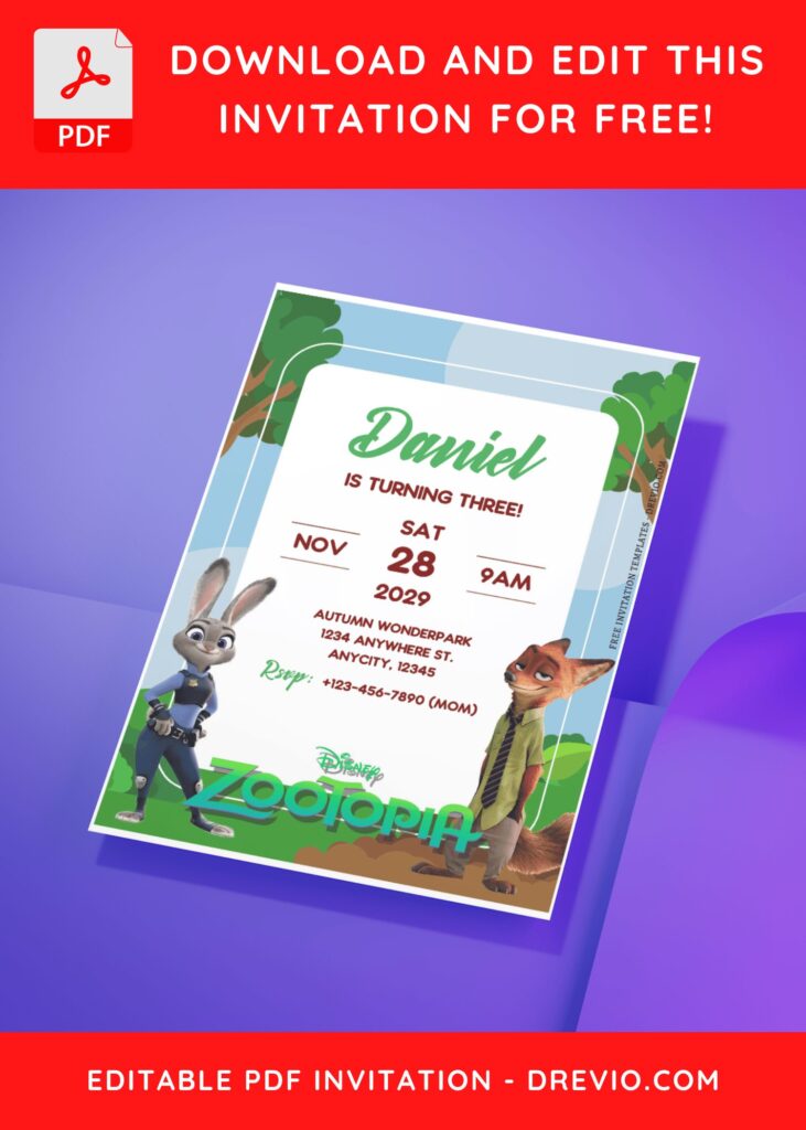 (Free Editable PDF) Joyful Disney Zootopia Birthday Invitation Templates A