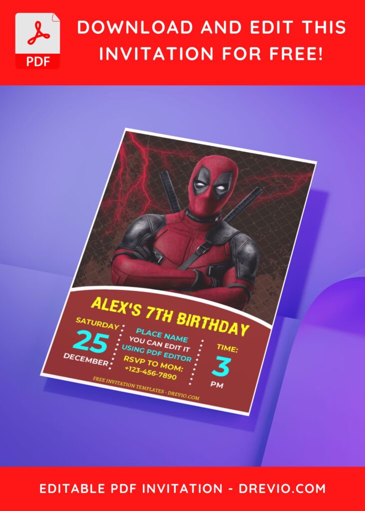 (Free Editable PDF) Quirky Fun Deadpool Birthday Invitation Templates C
