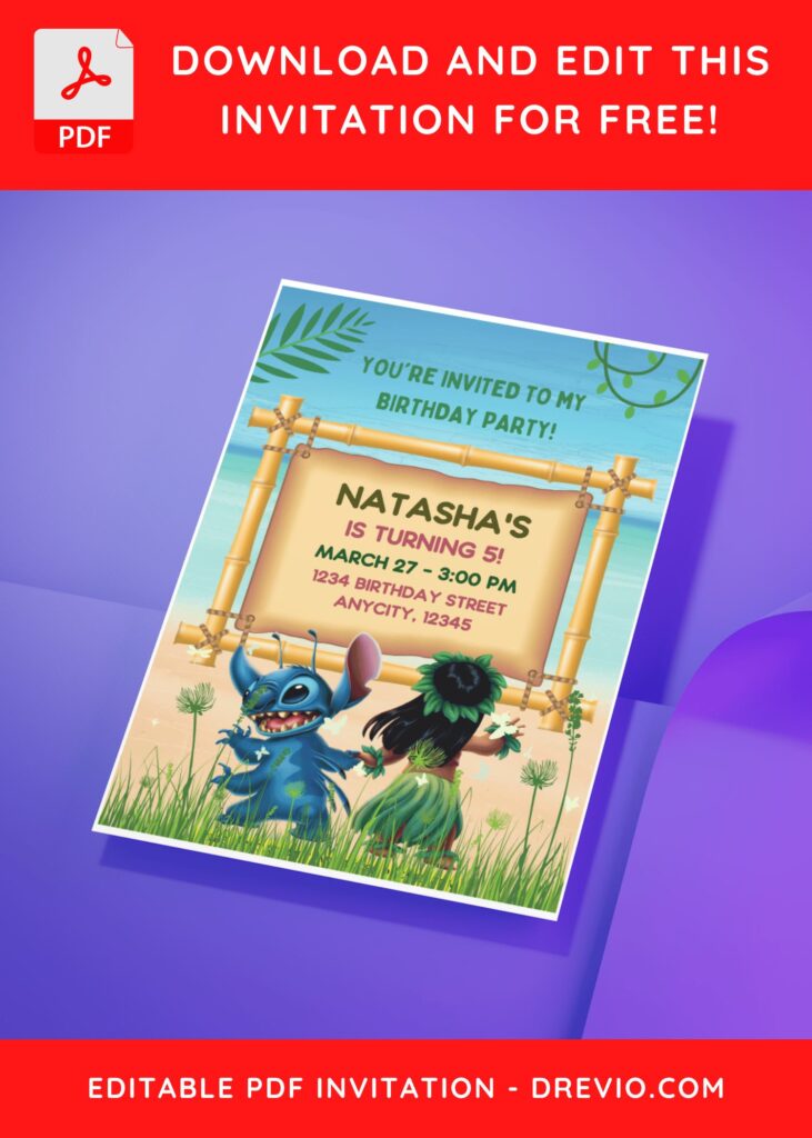 (Free Editable PDF) Hawaiian Lilo & Stitch Birthday Invitation Templates D
