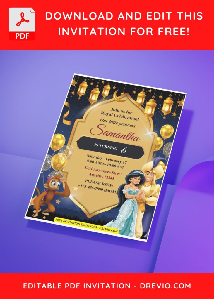 (Free Editable PDF) Majestic Aladdin Birthday Invitation Templates H